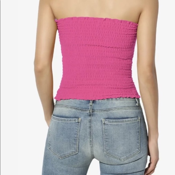 Smocked Tube Top Pink Crop Ruffled Edge Stretch N… - Picture 3 of 6